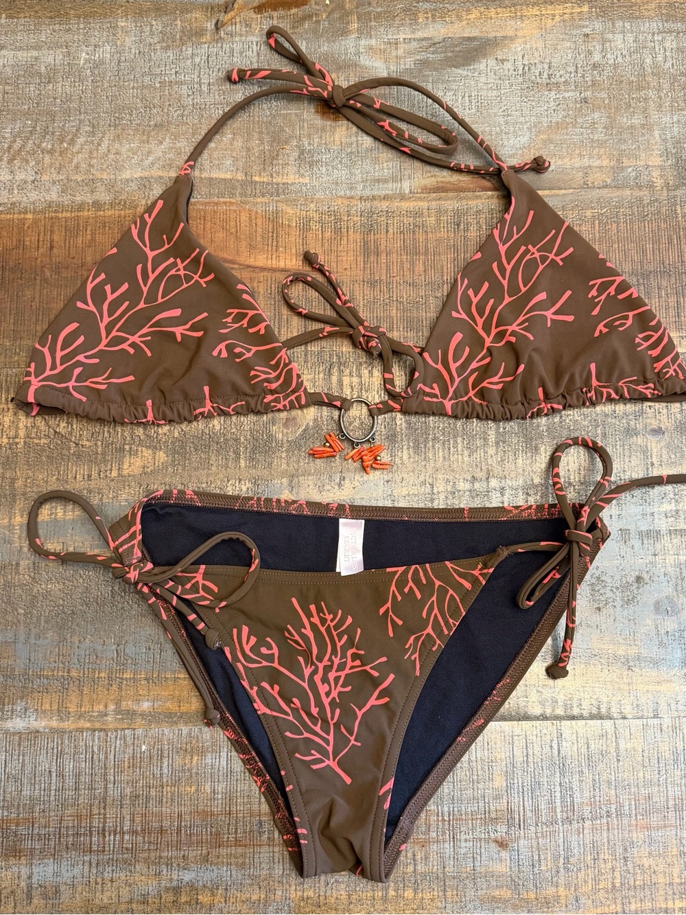 Vintage Y2K Victoria’s Secret Brown & Coral Coral Print Triangle Bikini Set